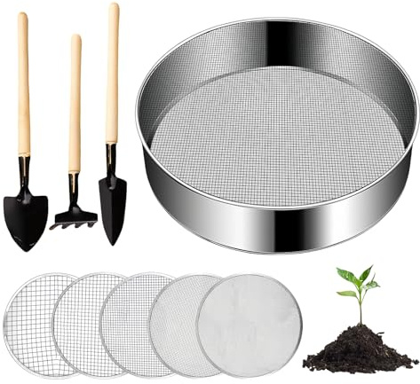 Tamis De Jardin Rond,20 Cm Tamis De Jardin En Acier Inoxydable Avec 5 Tailles De Tamis Interchangeables 3/6/9/10/12 MM Et Une Pelle,Tamis A Compost En Acier Inoxydable,Tamis De Jardinage Pour Terre