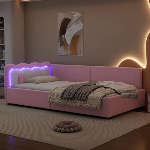 Lcoho Daybett, Tagesbett, Schlafsofa, 90 * 200cm, LED-Umgebungslicht mit Fernbedienung, Bett mit Lattenrost (ohne Matratze), Vliesimitat