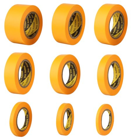 Funtery 9 x Rollen Goldband Klebeband, 6/8/10/12/15/18/20/24/30mm Malerkrepp Kreppband Kreppband Malerband Malerband Gold Papiertape Selbstklebend für Maler und Lackierer, Dekorative Autolackierung