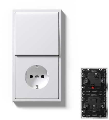 MVAVA Lichtschalter 1 Fach 1 Weg, Lichtschalter Unterputz mit Steckdose, Vertikal Montierbar Seidig-Matte Wandschalter mit Federanschlüsse, 80mm*150mm Weiß, M3-Serie