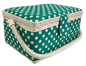 Großer Nähkasten aus Holz, mit Stoff ausgekleidet, 8 Fächer, Organizer mit Nadelfach, Aufbewahrungsbox mit Griff und Tablett, grüne Punkte, mittelgroß