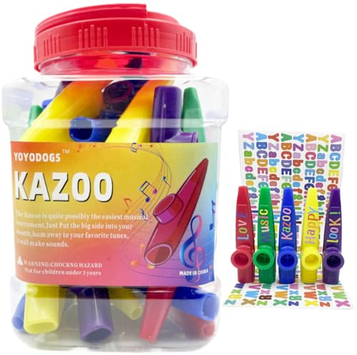 YOYODOGS 42pcs Plastic Kazoo Bulk with 208pcs Alphabet Stickers Game Multiple Colors Kazoo for Adult Musical Instruments Tones for Classroom Party Favors Comedic or Playful Purposes