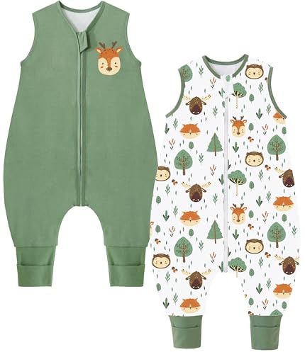 Chilsuessy 2er Pack Baby Sommerschlafsack mit Füßen 0.5 Tog Kleine Kinder Schlafsack mit Beinen 100% Baumwolle Schlafstrampler für Jungen Mädchen, Grün + Waldtiere, 90cm/Baby Höhe 100-110cm