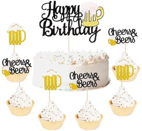 SANYUANHE 25 Stück Bier Tortendeko,Oktoberfest Cupcake Topper,Gold Glitzer Geburtstagstorte Dekoration, Kuchen Topper Festival Feier Party Supplies