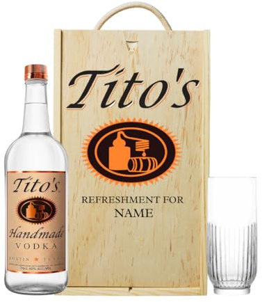 Tito's Handmade American Vodka with Glass in Wooden Box Gift Set – Smooth Craft Vodka 70cl – Gift Set for Men or Women – Alcohol Present with Personalised Keepsake Wooden Box