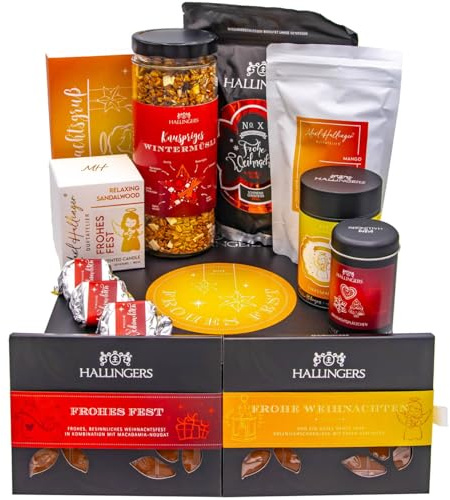 Hallingers Genuss Manufaktur Feinkost Weihnachts-Geschenk-Set - XXL-Geschenkkorb Frohes Fest große Selektion Nougat, Müsli, Kaffee, Duftkerze, Gewürz, Schoki & mehr, Weihnachten für Frauen Männer