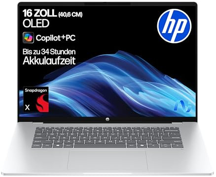 HP OmniBook 5 Next Gen AI Laptop PC, 16 Zoll 2K OLED Touch, Snapdragon X1-26-100 Prozessor (45 NPU-Tops), 16 GB LPDDR5x RAM, 512 GB PCIe SSD, Qualcomm Adreno GPU, Windows 11 Home, QWERTZ, Silber