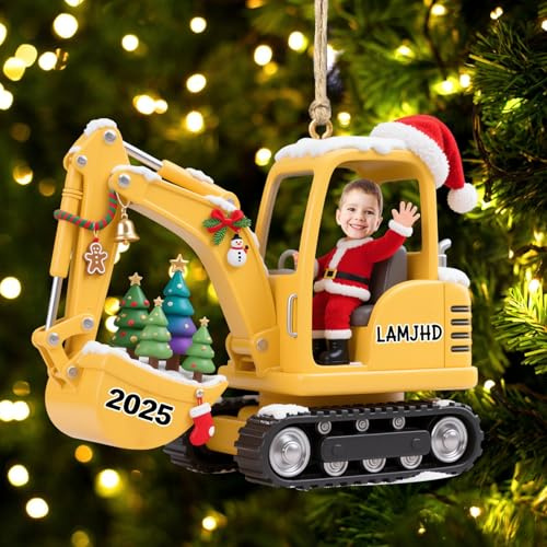 Personalisierter Bagger-Bagger-Foto-Ornament, benutzerdefinierter Name, 3D-Effekt, Weihnachtsschmuck, hängende Acryl-Ornamente für Weihnachtsbaum, Weihnachtsgeschenk für Kinder, Jungen, Mädchen (Stil