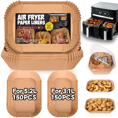 300 Stück Airfryer Backpapier für Tefal Dual Easy Fry EY9018 EY905D 8,3L | (5,2/3,1L), Backpapier für Heißluftfritteuse Philips Dual Basket Airfryer 3000/5000 Series, Moulinex 8,3L, Cookwise 2 Kammern