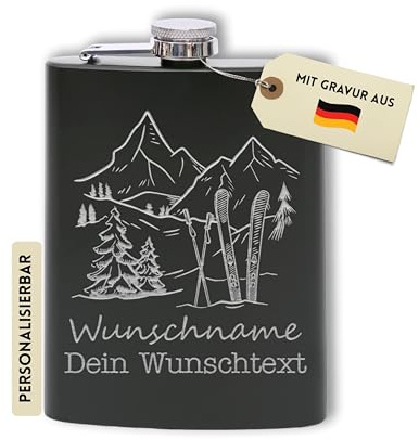 Flanacom Flachmann mit Gravur aus Edelstahl inkl. Trichter 227ml / 8oz Ski Fahrer Alkohol Geschenke für Männer Flachmann Personalisiert mit Wunschgravur (Design 1 Schwarz)
