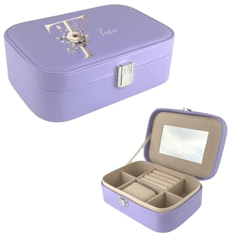 AWASG Schmuckkästchen personalisiert klein, Schmuckbox Reise Damen Mädchen, Schmuckschatulle Schmuckaufbewahrung mit floralem Buchstabe Name M (20 x 13,5 x 6,5 cm) flieder