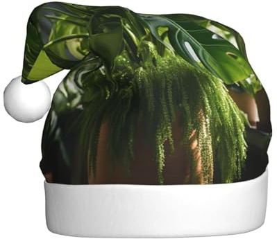 aabkjgfr Monstera Deliciosa Chapeau de Père Noël pour adulte, doux et confortable, adapté pour les fêtes du Nouvel An, à l'intérieur et à l'extérieur.