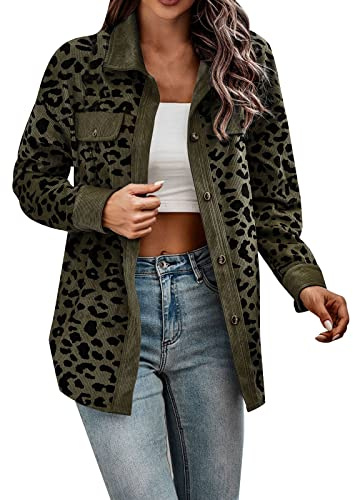 Generisch Veste d'hiver pour femme - Chemises boutonnées à manches longues - En velours côtelé - Motif léopard - Manches longues - Vestes avec poches