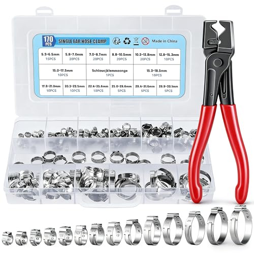 VAYALT 170 Pcs Collier de Serrage à Ressort Inoxydable, 14 Tailles 5.3-33.1mm Clips à Ressort, Serre-Joints pour Tuyau de Carburant & Gaz, Inclus Pince à Collier Serrage Métallique pour Collier Durite