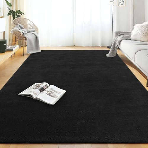 Ultra Soft Washable Rugs for Living Room 140X200cm Black Fluffy Carpet | Washable Non-Slip Area Rug for Bedroom & Kids Room Cosy Indoor Floor Mat