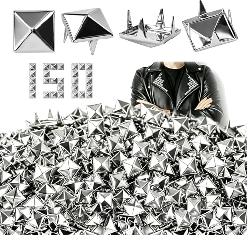 PDKKFF 150 Piezas Tachuelas de Pirámide Cuadrado, 8mm Remaches Punk Decorativos de Metal Plateado, Spikes Tachuelas para Ropa, Cuero, Bolsos, Cinturones, Zapatos, Manualidades