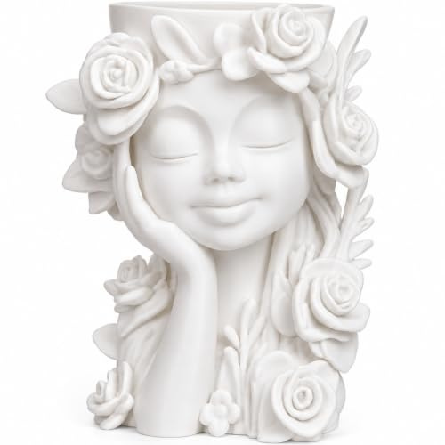 Girl Face Planter, Sculptural Head Vase for Small Plants – Matte White