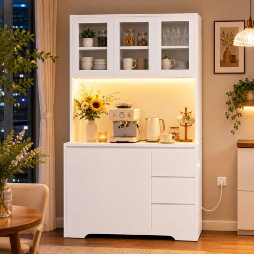 Nordivale Küchenschrank mit LED & Steckdosenleiste, hoher Buffetschrank, Sideboard für Küche, verstellbaren Einlegeböden, 3 Schubladen, 5 Türen, großer Arbeitsplatte 100 x 38,5 x 180 cm, Weiß