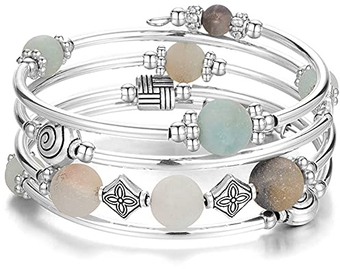 Beaded Pearl Bangle Wrap Bracelet - Fashion Bohemian Jewelry Multilayer Charm Bracelet with Thick Silver Metal Beads, Gift For Women(Green)