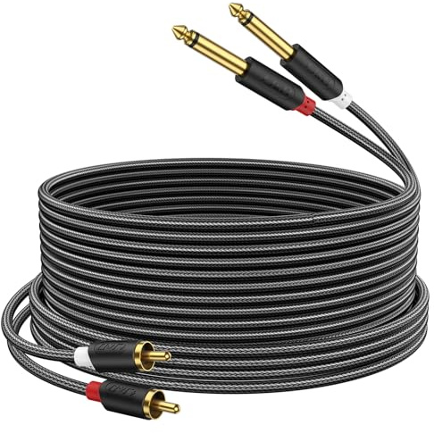 J&D Câble Double Jack 6,35 mm vers Double RCA, Connecteurs Plaqués Or Série AudioWave, 2 x 6,35 mm Mâle TS vers 2 RCA Mâle, Adaptateur Audio Stéréo avec Gaine PVC et Tressage Nylon, 4,5 Mètres