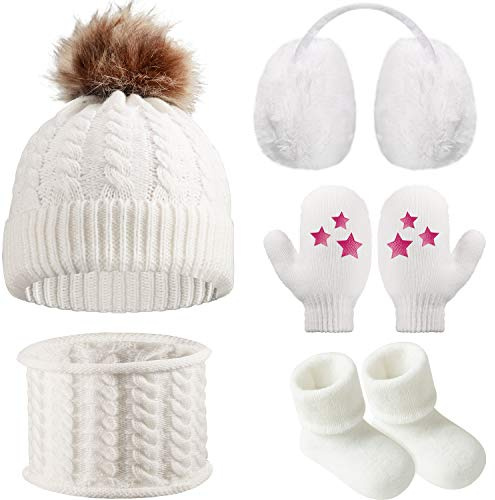 5 Pieces Toddler Winter Warm Set, Baby Winter Warm Hat Gloves Scarf Mittens Earmuffs Socks for 0-3 Years Old (White)