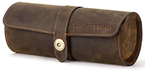 CONTACTS Leather Watch Box Business Travel Case,Watches Storage Roll Display Case,Protector Case for 3 pieces watches Brown