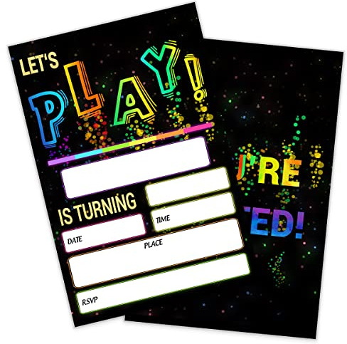 SHLINCO Invitaciones de fiesta de cumpleaños Glow Let's Play para niños, invitaciones de fiesta de neón para niños, diseño de doble cara (20 tarjetas + sobres)