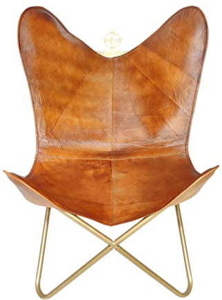 Parry Leather Butterfly Chair for Living Room - Handcrafted Vintage Buffalo Leather Powder Coated Foldable Leg Relaxing Chair Stand for Home Decor Lounge Accent Outdoor Indoor