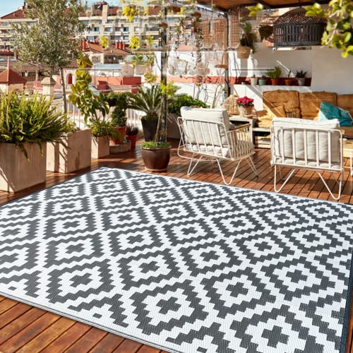 CHOSHOME Outdoor Rug Waterproof Garden Rug 150x240CM Lightweight Camping Rugs UV Resistant Portable Carpet Easy Cleaning Mat Outdoor Indoor Recycled Plastic Balcony Rugs for Picnic Beach BBQ Grey