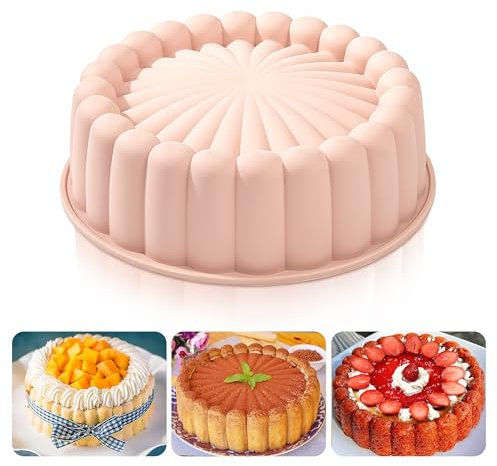 Heveer Silicone Charlotte Cake Pan 8 Inch Nonstick Round Silicone Molds Reusable Cake Mold Fluted Cake Pan for Baking Strawberry Shortcake Cheesecake Pink