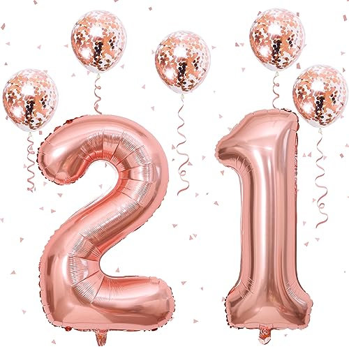 Govpy 21 Rose Gold Number Balloons, 40 Inch Foil Number 1 & 2 Balloons w/ Confetti, 7pcs, Women's 21st Birthday & Anniversary Party Decorations