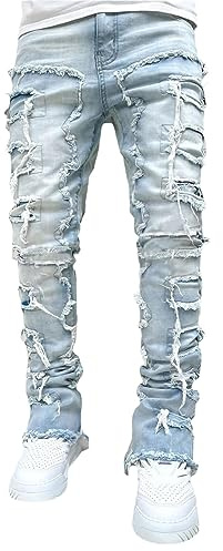 Stacked Jeans Men Skinny Ripped Jeans Slim Fit Denim Pants Y2K Goth Harajuku Emo Jeans Trouser (US, Alpha, Medium, Regular, Regular, B01-01)