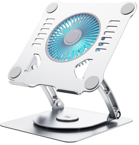 SHUWEI 360° Rotating Laptop Cooling Stand with 3 Speed Fan, Adjustable Height Laptop Stand for Desk, Ergonimic Aluminum Laptop Cooling Pad for 10-15'' Notebook - Silver