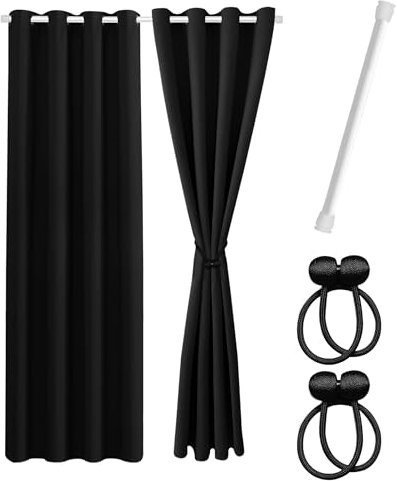 Cozyor Praktisches Set ohne Bohren: 2X Vorhang + 1x Klemmstange 111-200 cm + 2X Raffhalter mit Magnet Blickdicht & verdunkelnd, als Raumteiler, Fenster & Tür Schwarz Thermovorhang 220x135cm