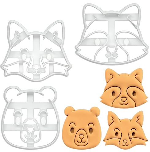 BAKERLOGY Set of 3 Baby Woodland Animals Cookie Cutters (Design: Fox, Bear, Raccoon) - Detailed Biscuit Cutter Design for Baking and Crafts, Ideal on Fondant, Dough, Clay