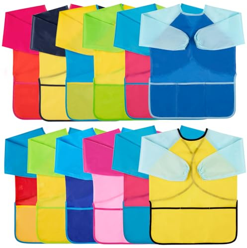 Bouiexye 12 Pack Kids Art Smocks Water-Resistant Toddler Paint Smocks Kids Painting Aprons with Long Sleeve 3 Pockets for Age 3-7 Years, Art Craft, Painting, Baking, Cooking (12 Colors)