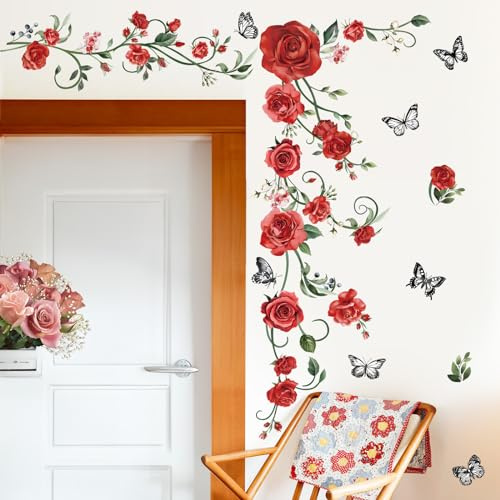 decalmile Wandtattoo Rosen Rot Wandaufkleber Blumen Blätter Schmetterling Blumenranke Wandsticker Mädchen Schlafzimmer Wohnzimmer Flur Küche Wanddeko