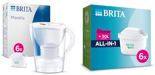 Carafe Filtrante BRITA Marella Blanche (2,4l) incl 6 cartouches filtre eau robinet & Cartouche Filtre Eau Robinet MAXTRA PRO All-in-1 - Pack de 6 pour recharge carafe filtrante réduit PFAS