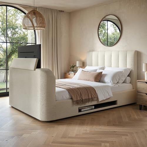 Flair Furnishings - Ottoman Bed, Double Side Lift TV Bed, Cream Double Bed with Storage Underneath, Luxurious Boucle, Elegant and Refined