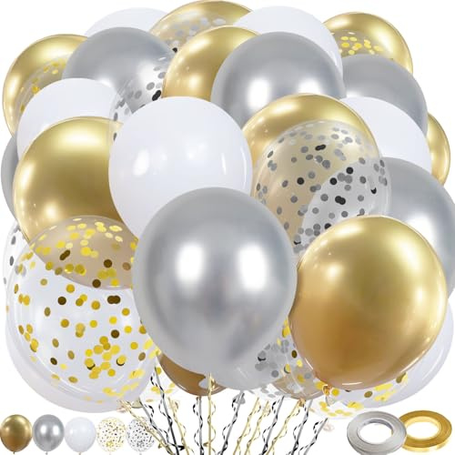 60 Stück Gold Silber Ballons, 12 Zoll Metallic Gold Silber Konfetti Ballons und Weiße Latex Luftballons mit Band für Geburtstag Hochzeit Kinder Baby Shower Party Dekoratione