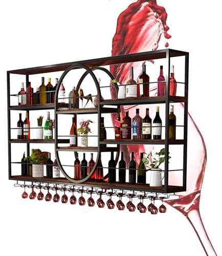 Weinregal Wand Metall mit Licht Flaschenregal Schmal Wine Rack Weinschrank für Hausbar Barschrank mit Weinglashalter Weinständer Getränke Regal Vitrine Hängend für Bartheke Wohnzimmer Küche(Nero,150*2