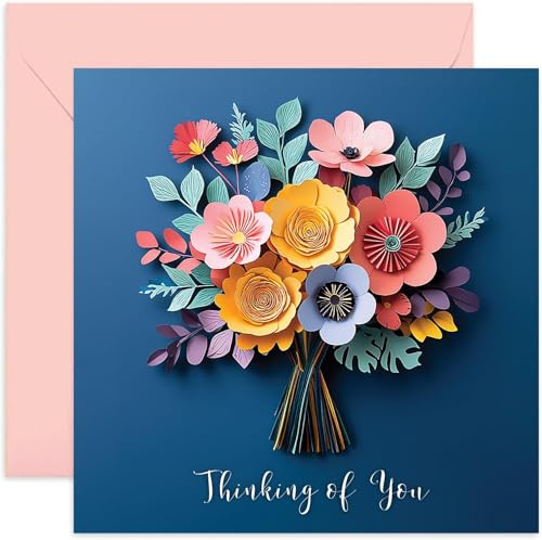 Thinking of You Cards – Papier découpé Art of Flower Bouquet – Carte de vœux de remerciement couleur pastel – Pour amie, sœur, meilleure amie, fille – Aucun design 3D – Condoléances, désolé, deuil