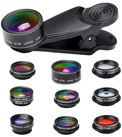 Kit de lentes para cámara móvil – Kit de lentes para teléfono, kit de lentes para móvil 10 en 1, objetivo macro 20 x 15x, teleobjetivo macro gran angular de , objetivo para teléfono clip - 198°