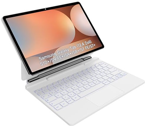 HOU Tastatur hülle für Samsung Galaxy Tab S10+/S9 FE+/S9+/S8+/S7 FE/S7+ (12,4 Zoll) mit Magnetständer, Multi-Touch-Trackpad, S Pen-Halter, 7 Farben 3 Stufen hinterleuchtet-QWERTZ-Deutsch,Weiß