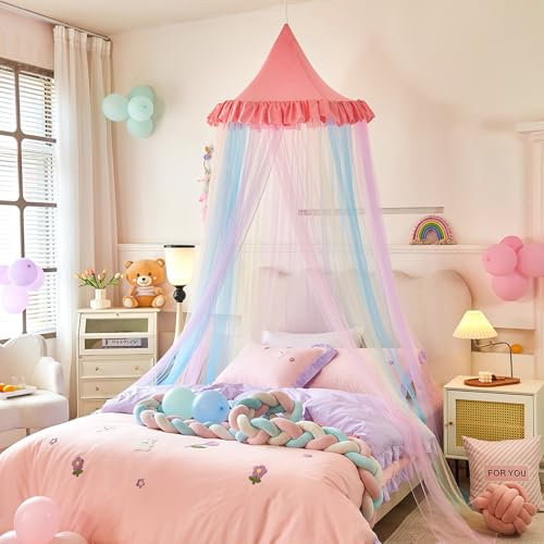 Liemuao Betthimmel für Mädchen, Moskitonetz für Bett, Regenbogen, großes Moskitonetz, Kuppel, Polyester, für Doppelbett, Einzelbett, Himmelbett für Mädchenzimmer, für Reisen und zu Hause (Rosa)