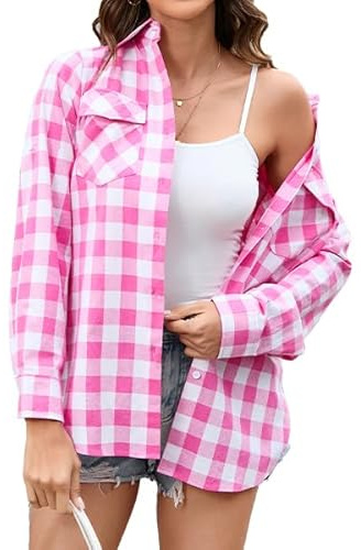 Stamain Rutig skjorta dam skjortor dam långärmade knappar skogsarbetare skjortor dam blus upprullningstopp ledig klassisk kontor fest med fickor S-3XL, Rosa, L