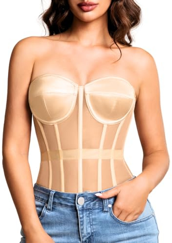 Kaei&Shi Sheer Mesh Overbust Corset,Sexy Strapless Lace Up Satin Bra Corsets Top For Women Shapewear Nude 4X-Large