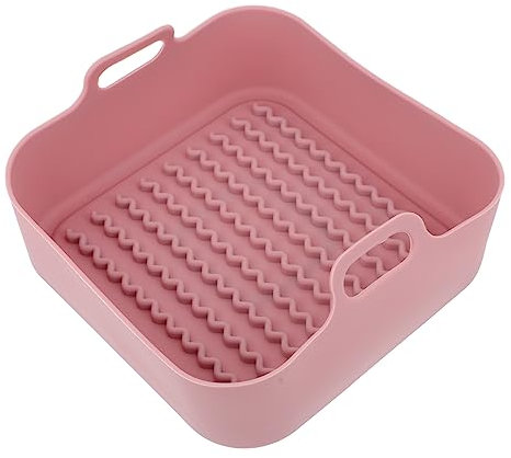 GRIRIW Silicone Air Fryer Rack and Thickened Barbecue Tray Large Square Pink Heat Resistant Air Cooker Accessories for Oven Use
