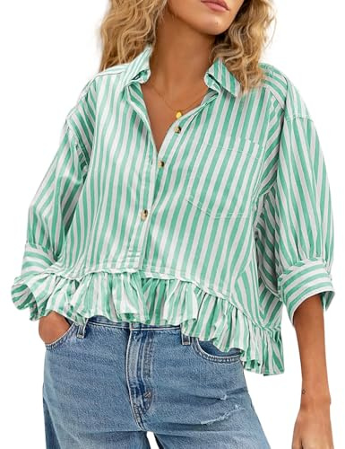 CHYRII Womens Summer Tops Dressy Casual Blouse Top Ruffled Short Sleeve Button Down Striped Shirt Green M