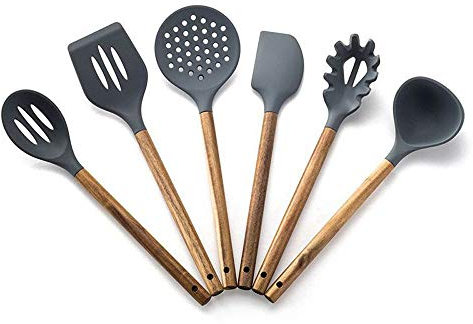 utensilios de cocina set， Utensilios de cocina de silicona resistentes al calor con mango de madera antiadherente, espátula y cuchara.